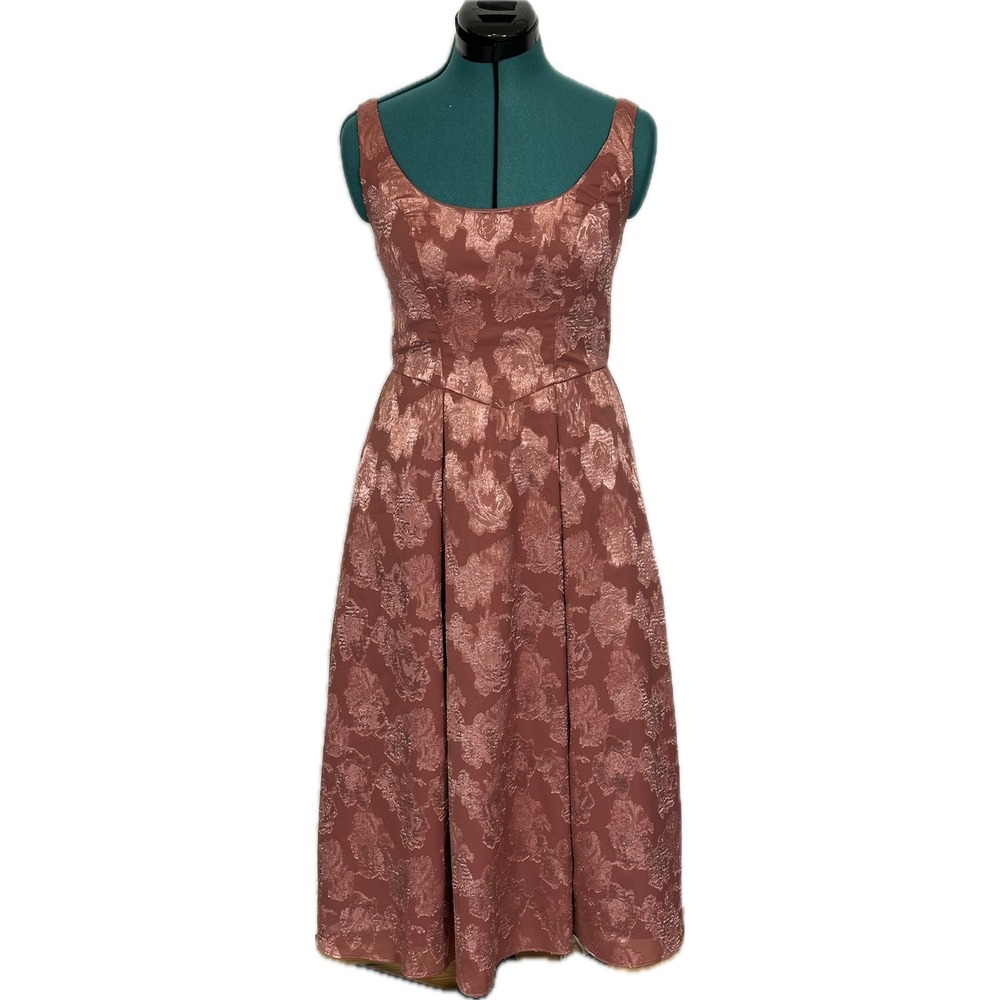 Azazie Atelier Floral Jacquard Midi Dress Size 2 Rose Gold Metallic Formal Party